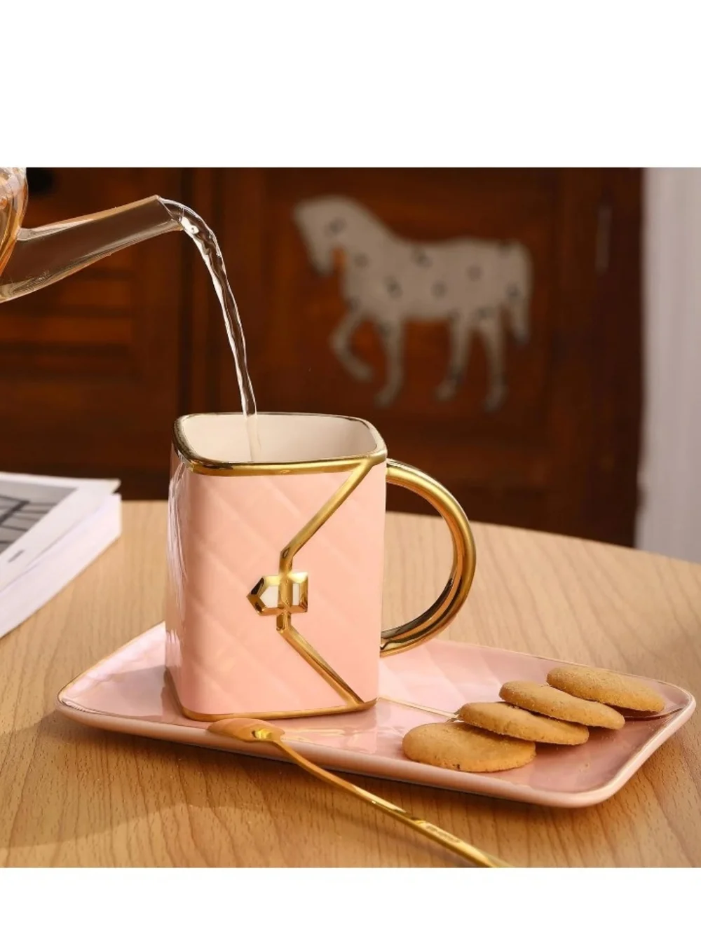 Pink Handbag Shaped Mug, Saucer, and Spoon. Cute Purse Coffee Ceramic Mug Set.